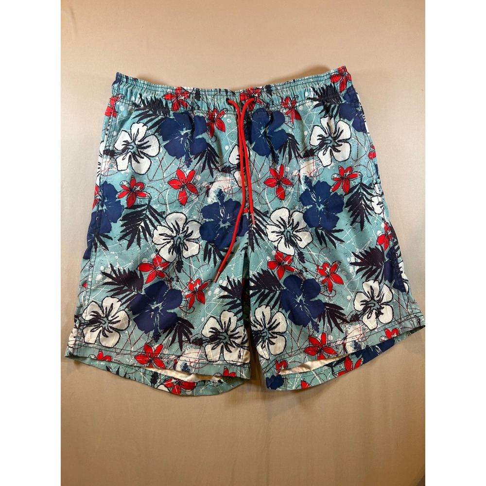 Nautica Mens Tropical Hibiscus Floral Swim Trunks Teal Blue Medium Board Shorts